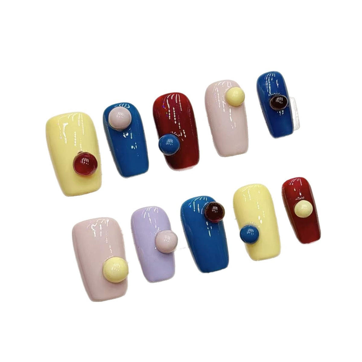 NailFilck Color Pop Bubble 3D Press-On Nails with square shape, colorful glossy nail design and raised round bubble decorations