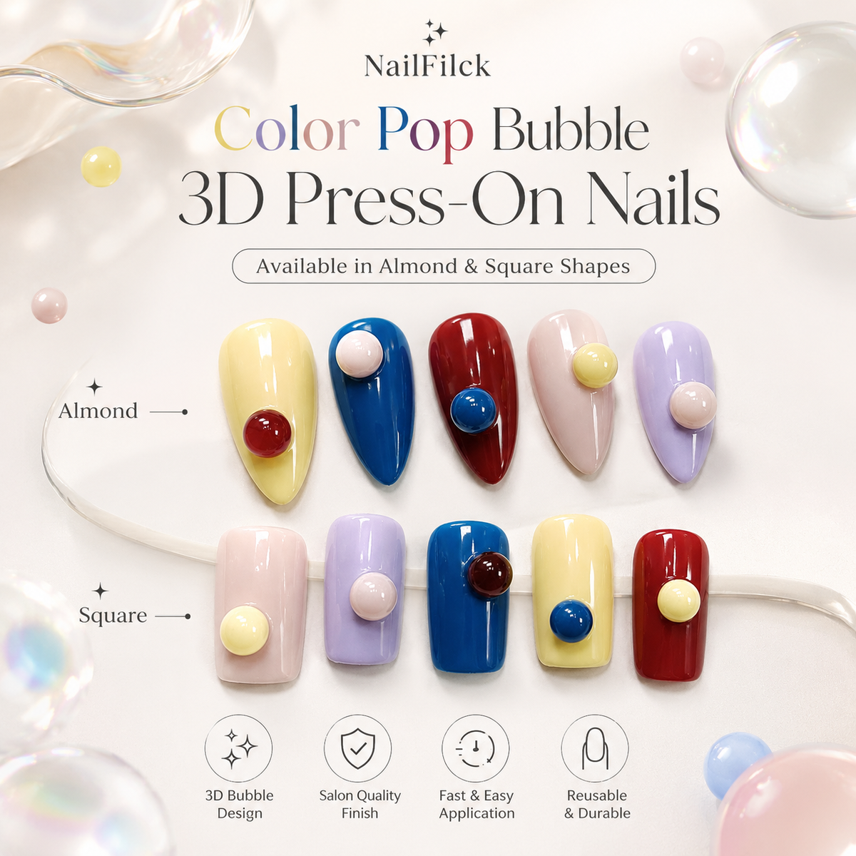 NailFilck Color Pop Bubble 3D Press-On Nails with square shape, colorful glossy nail design and raised round bubble decorations
