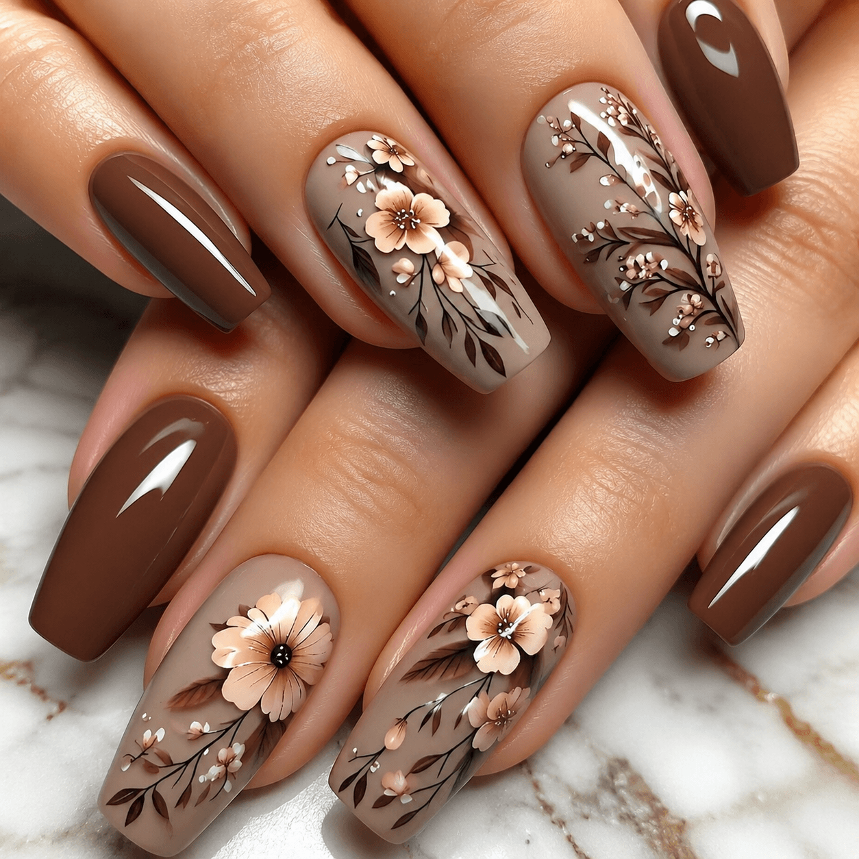 NailFilck Mocha Bloom Floral Press-On Nails – Glossy Brown Nude Flower Nail Set