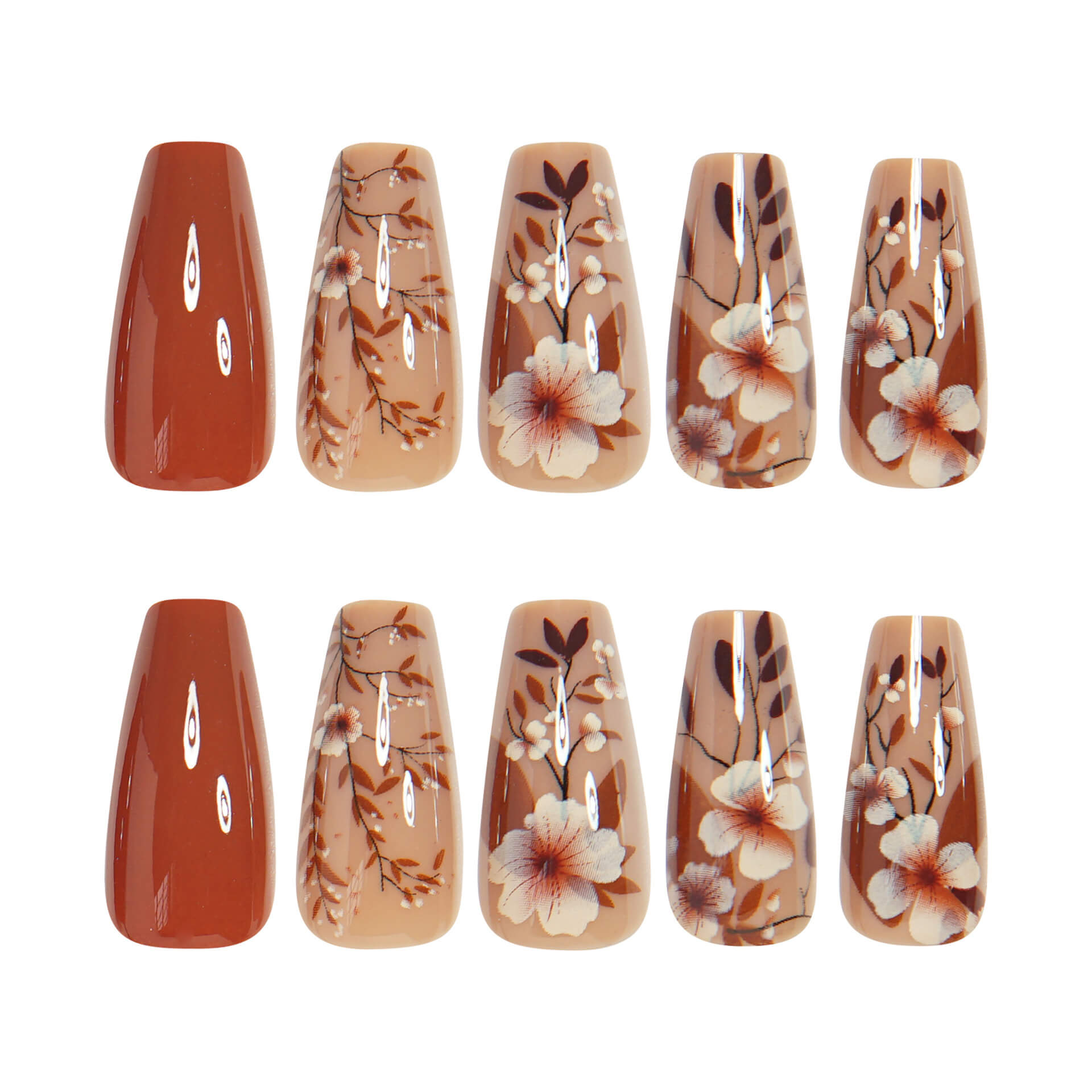 NailFilck Mocha Bloom Floral Press-On Nails – Glossy Brown Nude Flower Nail Set