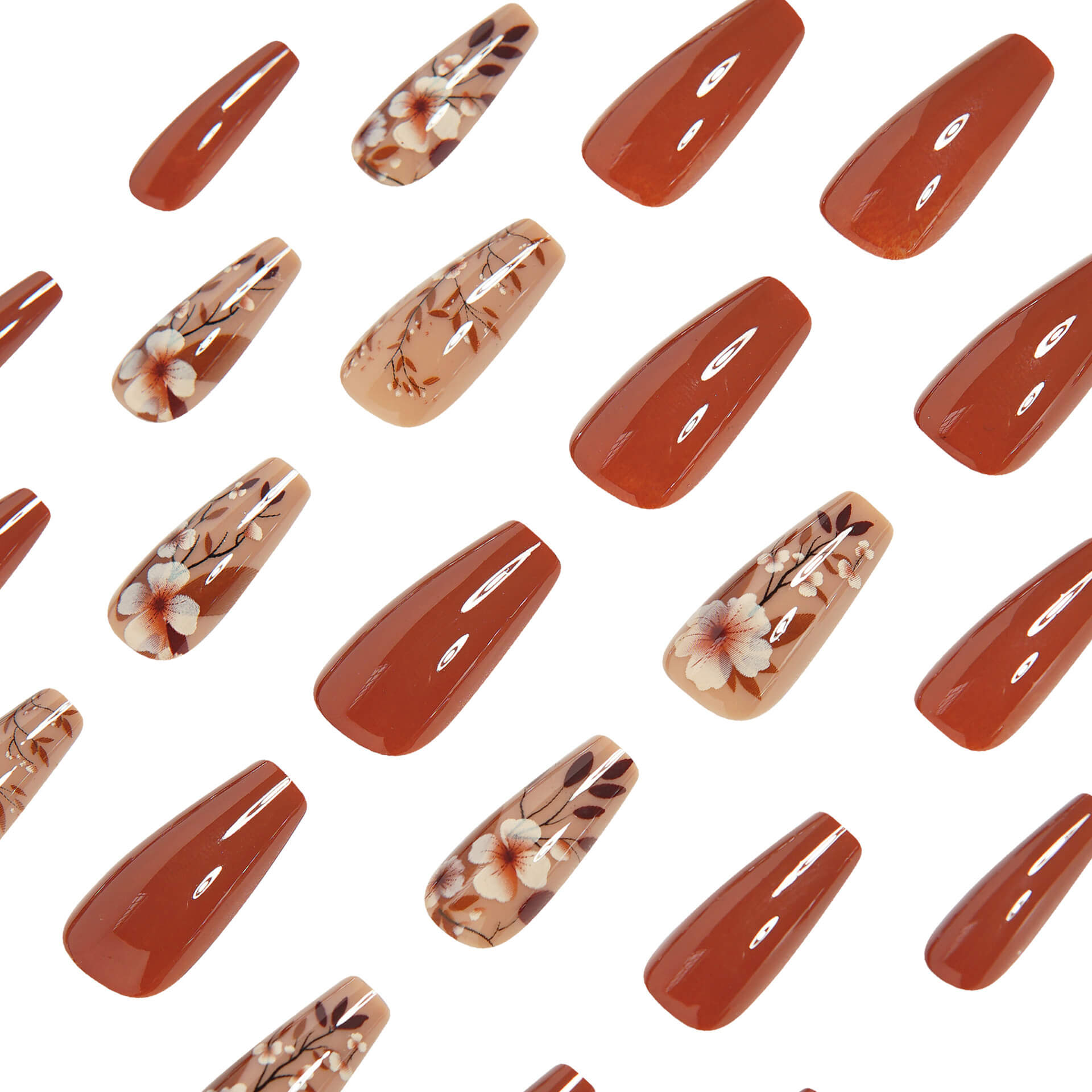 NailFilck Mocha Bloom Floral Press-On Nails – Glossy Brown Nude Flower Nail Set
