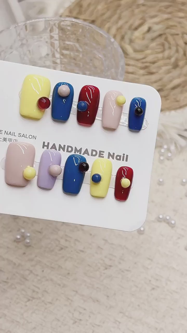 NailFilck Color Pop Bubble 3D Press-On Nails with square shape, colorful glossy nail design and raised round bubble decorations